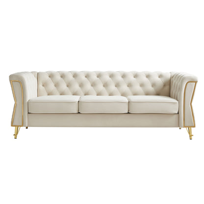 Modern Tufted Velvet Sofa 87.4 inch for Living Room Beige Color image 1