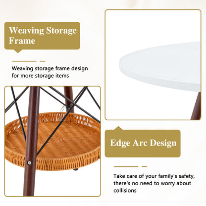 31.5-inch diameter circular dining table, white MDF vacuum formed tabletop, walnut solid wood legs, with suspended woven storage basket structure. A casual coffee table suitable for 2-4 people. image 5