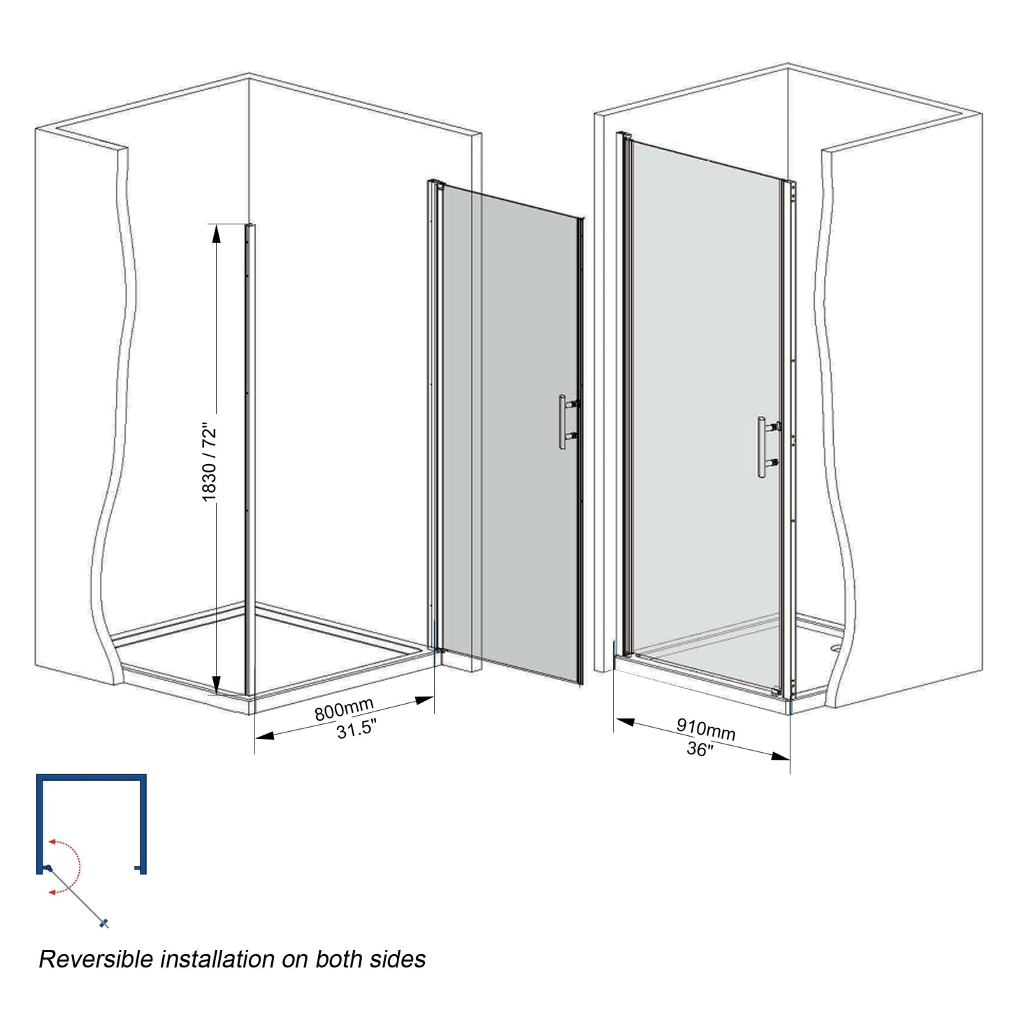 37-36"x 72" Pivot Shower Door, Chrome Aluminum Frame, Half Frame,1/4"(6mm) Tempered Glass Explosion Proof Film image 7
