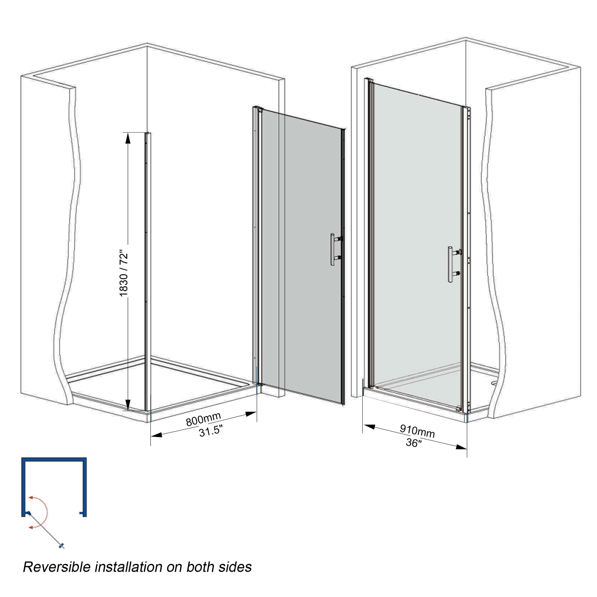 37-36"x 72" Pivot Shower Door, Chrome Aluminum Frame, Half Frame,1/4"(6mm) Tempered Glass Explosion Proof Film image 7