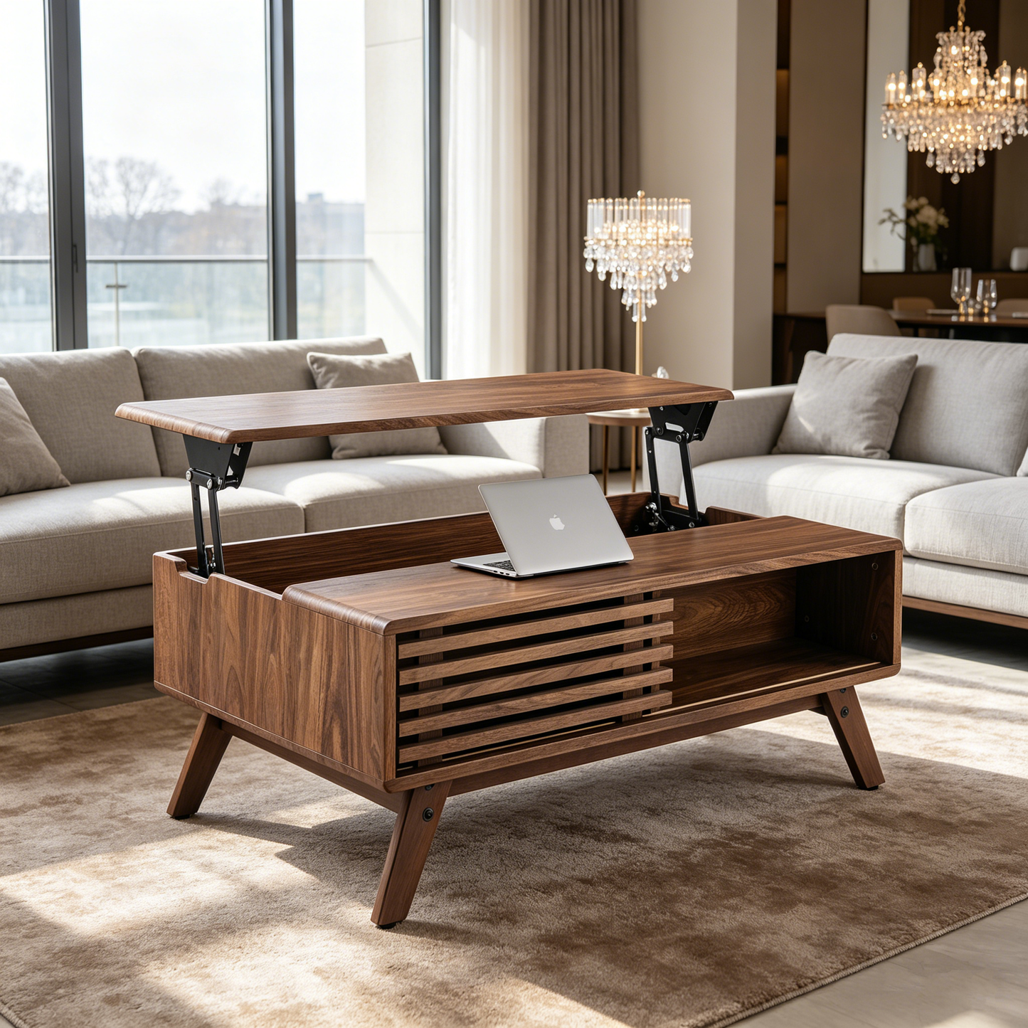 39.37" Mid-Century Walnut Lift Top Coffee Table, Multifunctional Lift-Up Coffee Table with Hidden Storage & Open Shelf for Living Room image 6