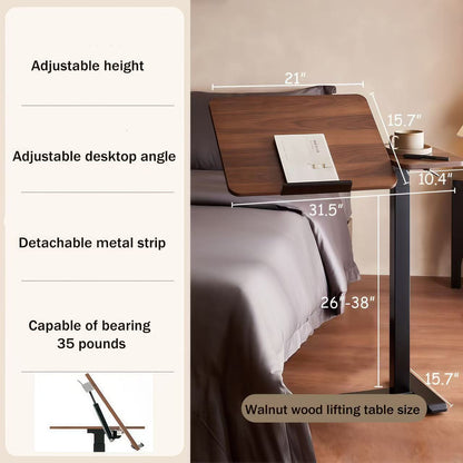 (UPGRADED) Overbed Bedside Desk, Mobile Rolling Laptop Stand Tilting Overbed Table with Wheels, Height Adjustable Tray Bedside Table for Laptop Bed Sofa, WALNUT image 2