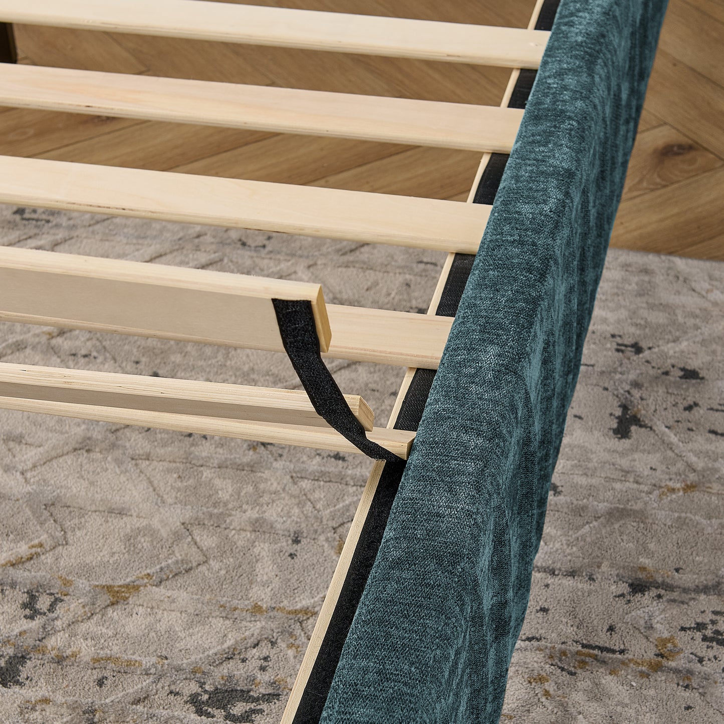 King Size Upholstered Bed Frame with Chenille fabric with pleated design,Grounded King Size Platform Bed with Headboard and Solid Frame and the bedside table.No Box Spring Needed-Blue-Green image 12