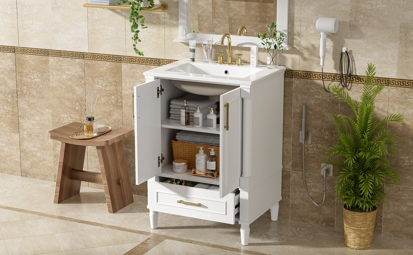 24" Modern Bathroom Vanity with Ornate Motif Design & Soft-Close Hinges, Bathroom Cabinet with Drawer and Back Open Structure, Ornately Carved French Cylinder Legs image 10