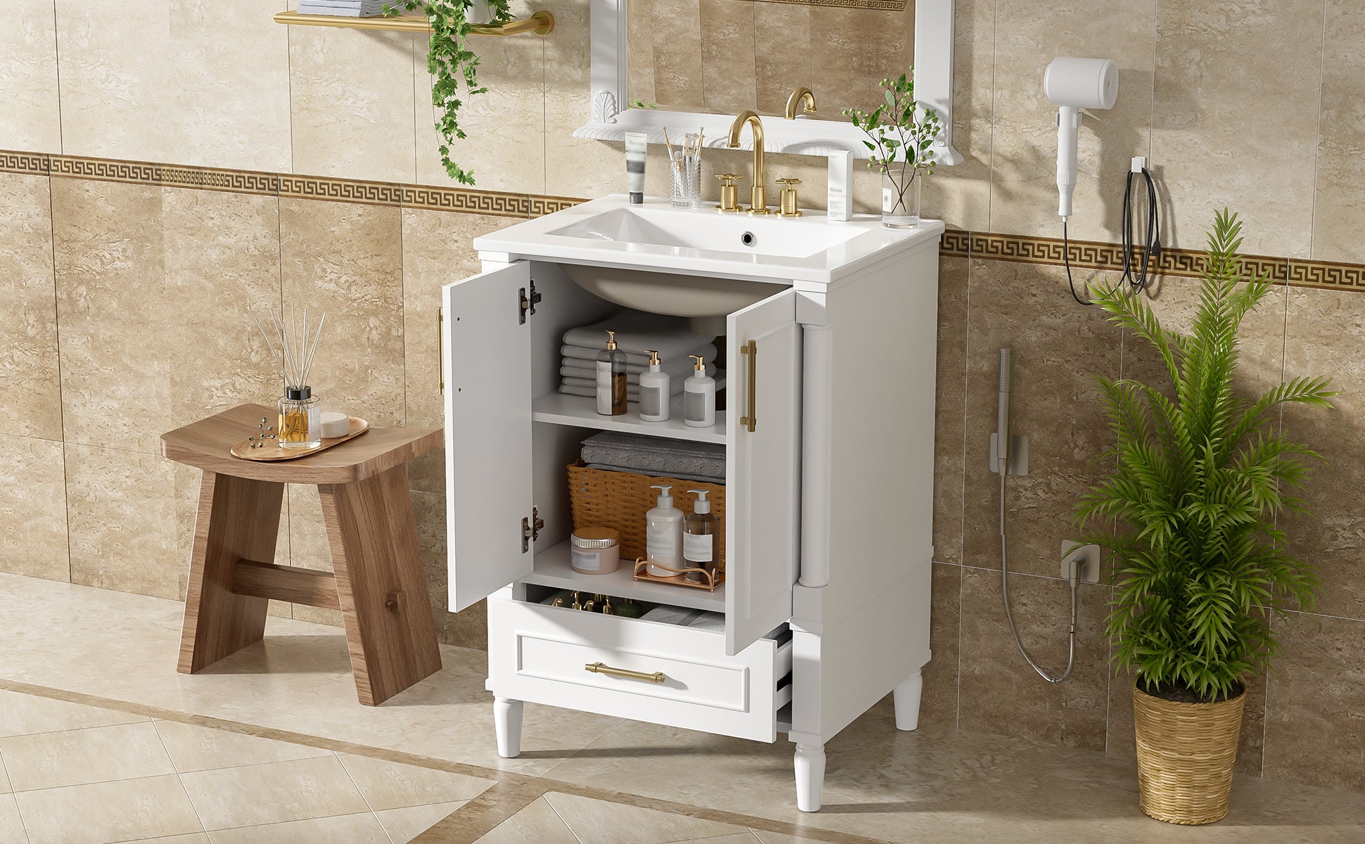 24" Modern Bathroom Vanity with Ornate Motif Design & Soft-Close Hinges, Bathroom Cabinet with Drawer and Back Open Structure, Ornately Carved French Cylinder Legs image 10