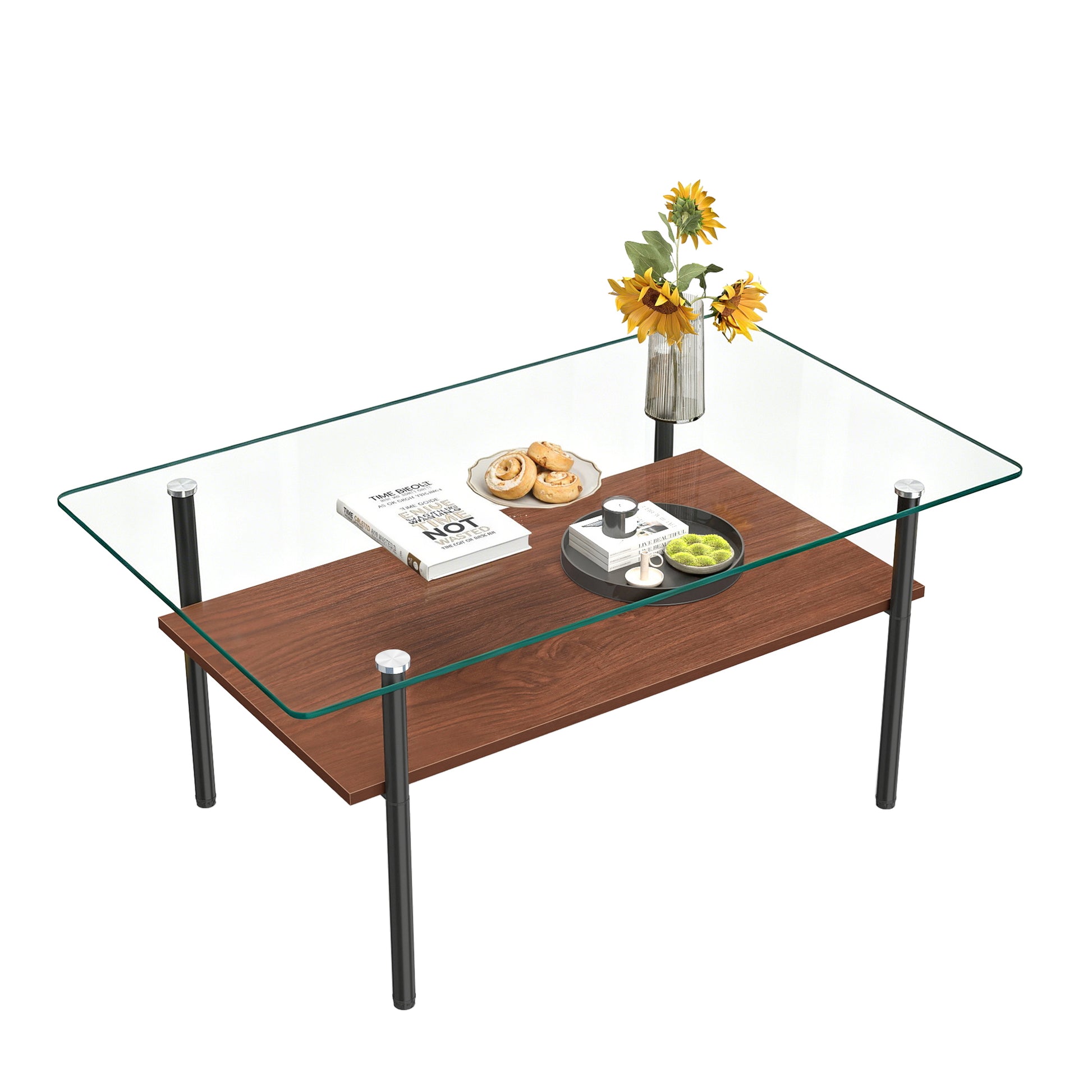 Modern glass coffee table for living room, rectangular tempered glass top, black metal legs with wooden shelf. Easy to clean, stylish center table 38.6 × 22.8 × 17.7 inches image 8