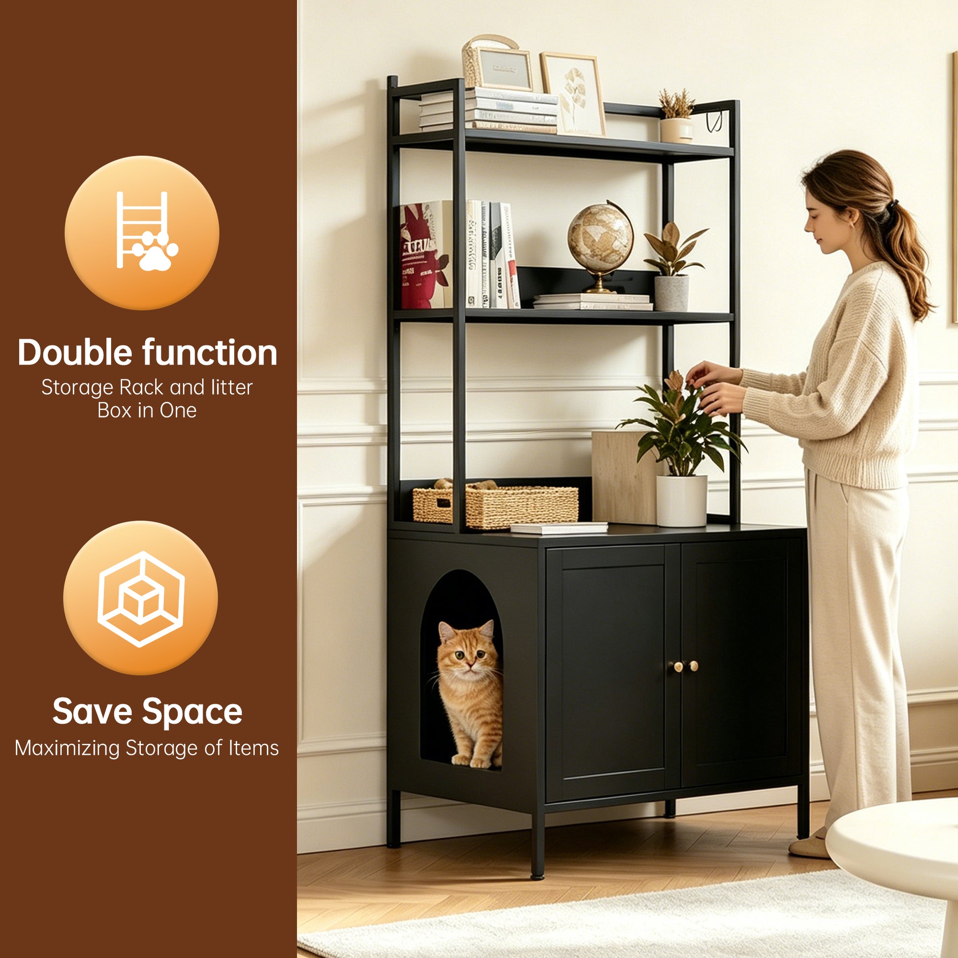 Metal Cat Litter Box Enclosure, 57" Tall Hidden Litter Box Cabinet with 3 Tier Storage Shelves, Large Indoor Cat House with Doors & 4 S-Hooks, Odor Control Pet Washroom Furniture for Large Cats, Black image 4