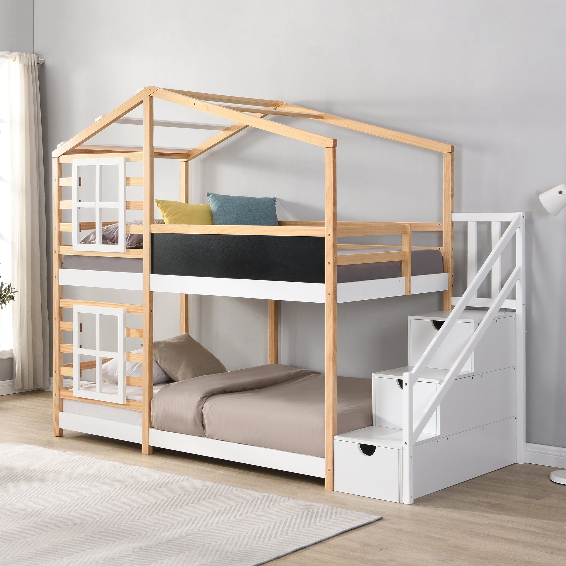 Twin over Twin Bunk Bed House Bed With Roof Windows Blackboard And Storage Ladder Platform Bed,bed Frame image 1