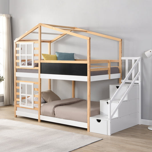 Twin over Twin Bunk Bed House Bed With Roof Windows Blackboard And Storage Ladder Platform Bed,bed Frame image 1