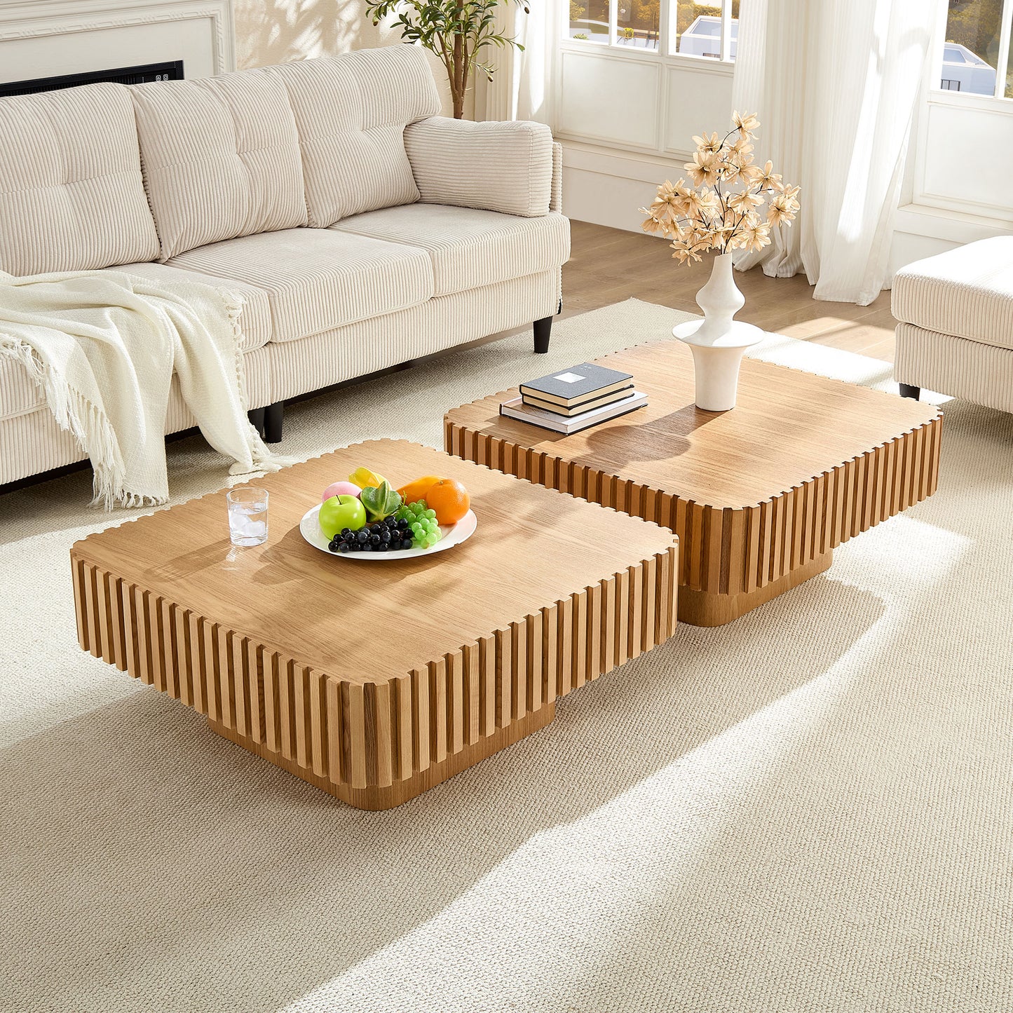 2PCS Set 31.5 Inch Modern Handcraft Drum Coffee Table Square Coffee Table for Living Room,Small Wooden Coffee Table with Sturdy MDF Pedesta,Natural Color image 3