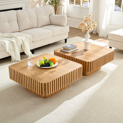 2PCS Set 31.5 Inch Modern Handcraft Drum Coffee Table Square Coffee Table for Living Room,Small Wooden Coffee Table with Sturdy MDF Pedesta,Natural Color image 3