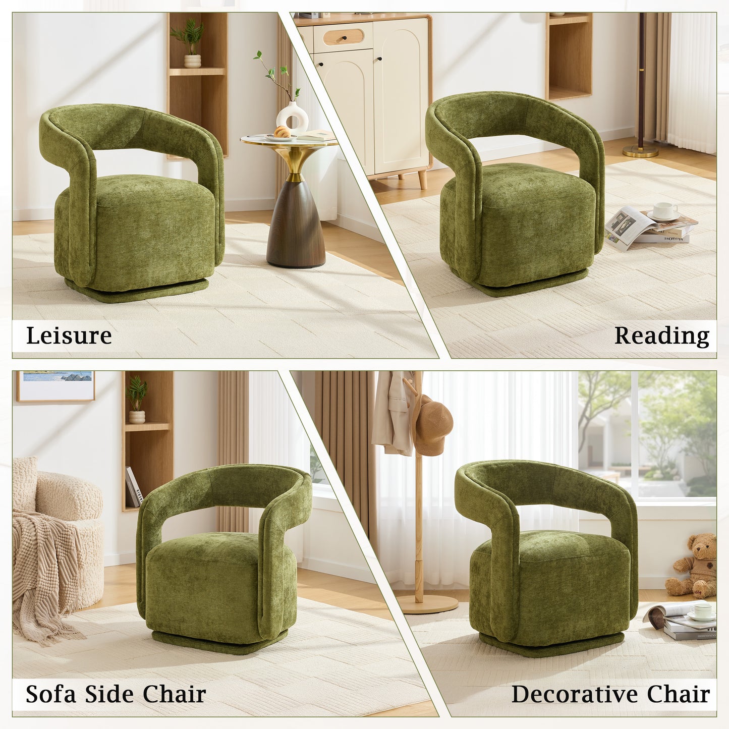 065-Chenille Fabric Swivel Accent Armchair, Comfy Barrel Leisure Chair With Curved Backrest, Upholstered Reading Chair With Black Swivel Base, 22-inch large seat depth and width, Green image 7