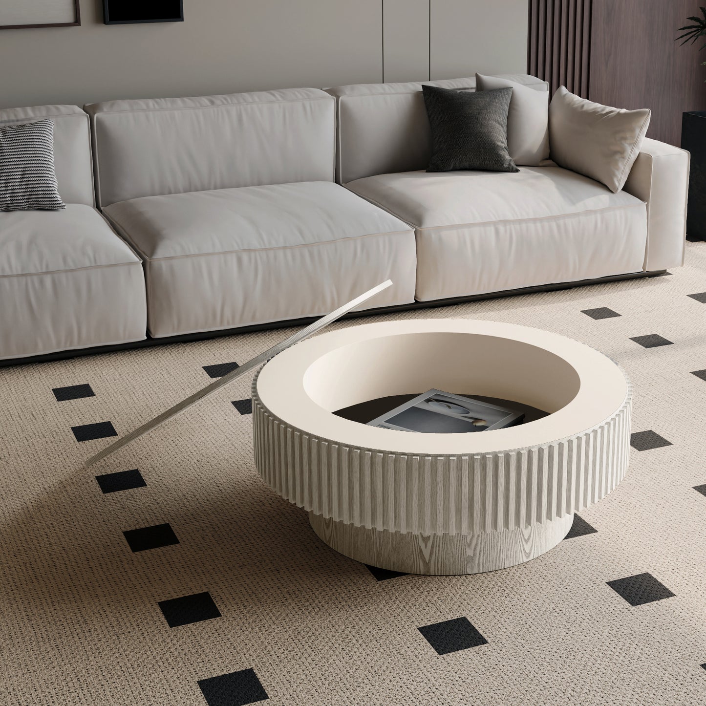 31.5'' Round Coffee Table with Storage Solid Wood Veneered Modern Coffee Table Accent Tea Table for Living Room, Bedroom, Apartment or Office, Retro White image 1