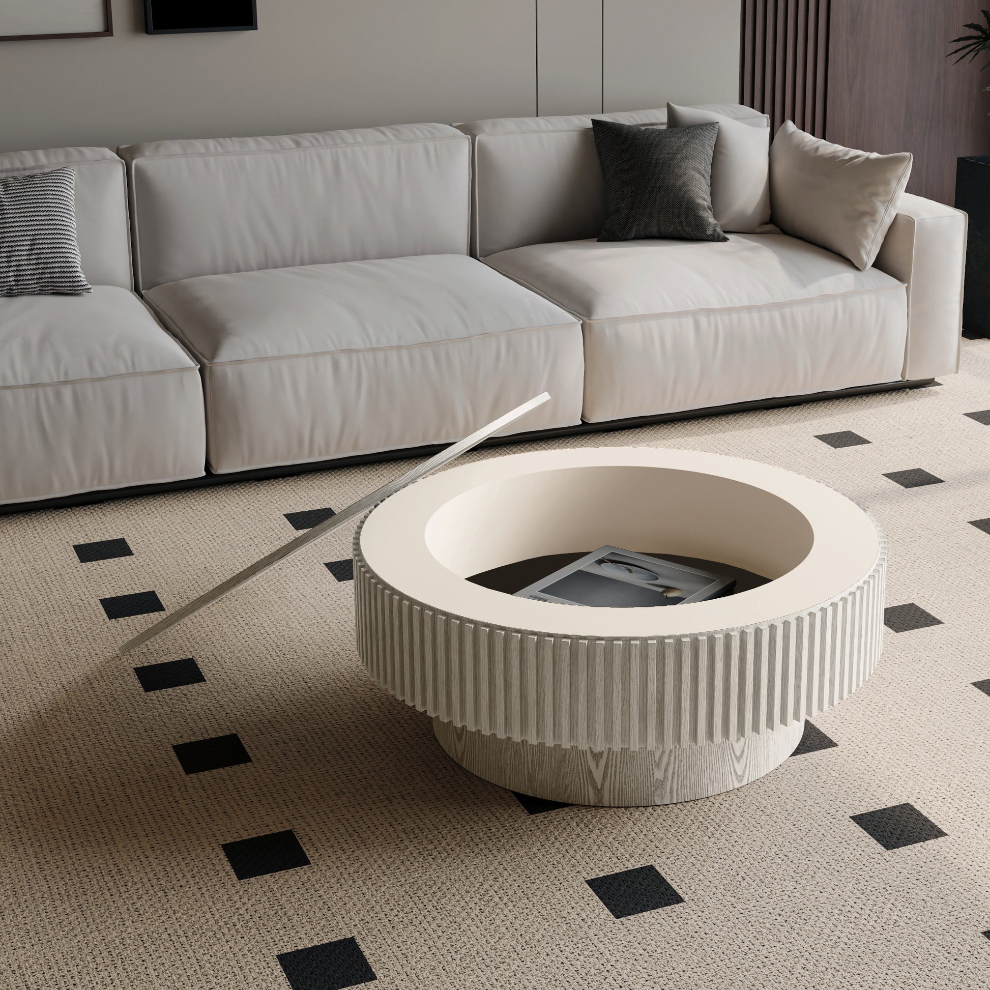 31.5'' Round Coffee Table with Storage Solid Wood Veneered Modern Coffee Table Accent Tea Table for Living Room, Bedroom, Apartment or Office, Retro White image 1