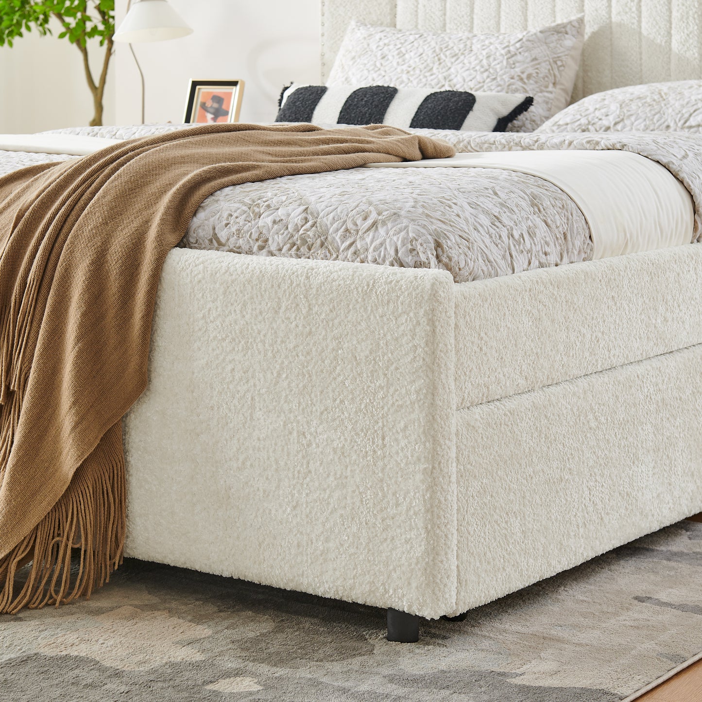 Queen Size Vertical Channel Tufted Headboard & Nailhead Trim Space Saving Upholstered Bed, Multi-functional Design with 2 Storage Drawers and Pull-out Trundle Bed, Chenille image 9