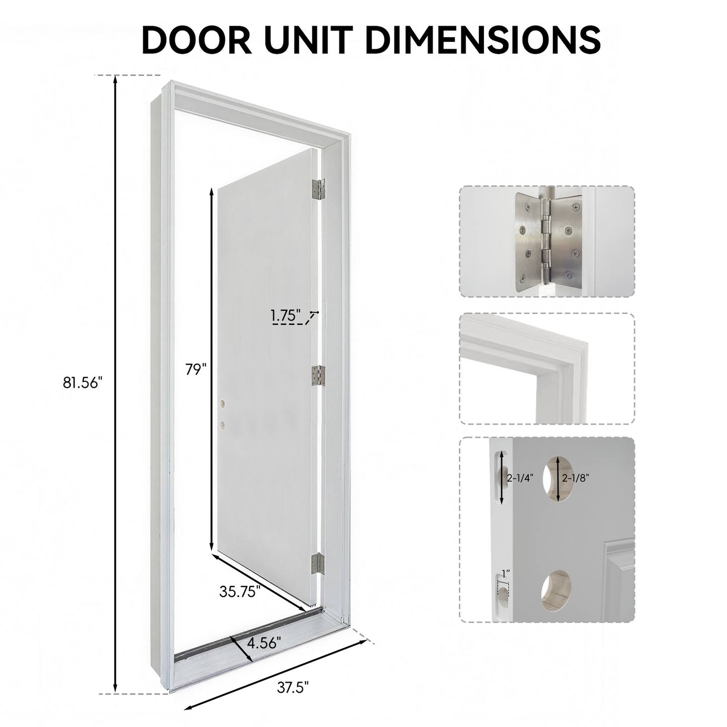 36"x80" Fiberglass Front Door with White 4-9/16" PVC Frame,Left-Hand Inswing Exterior Door with Brickmould,Contemporary minimalist smooth skin with frosted glass for Home Entrance, Black image 10