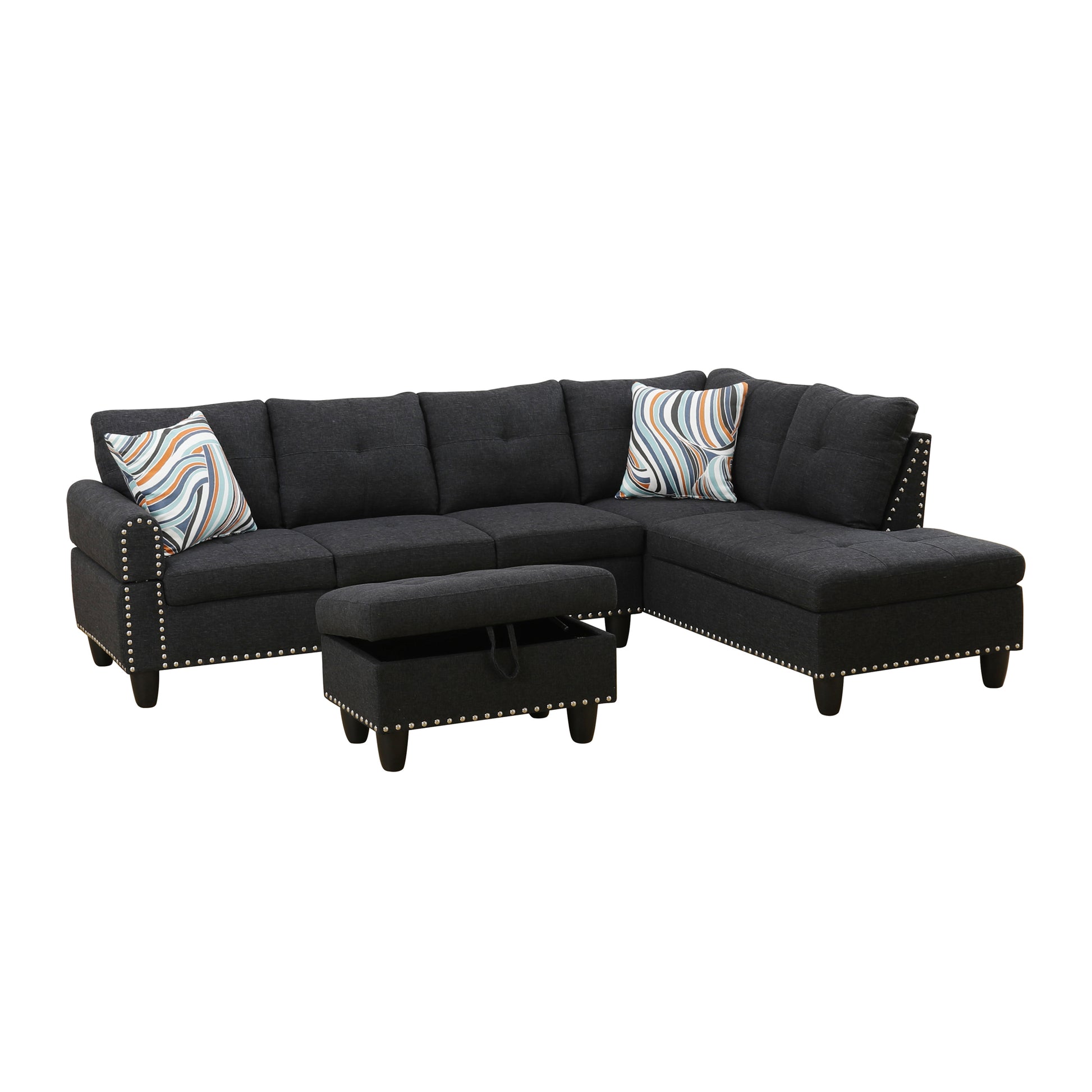 L shape Sectional Sofa Chair with cup holder - Black-Right image 12
