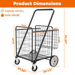 Bigger Super Jumbo Shopping Cart,Grocery Cart on Wheels, Foldable Utility Shopping Carts with Double Basket and 360° Rolling Swivel Wheels for Groceries Laundry