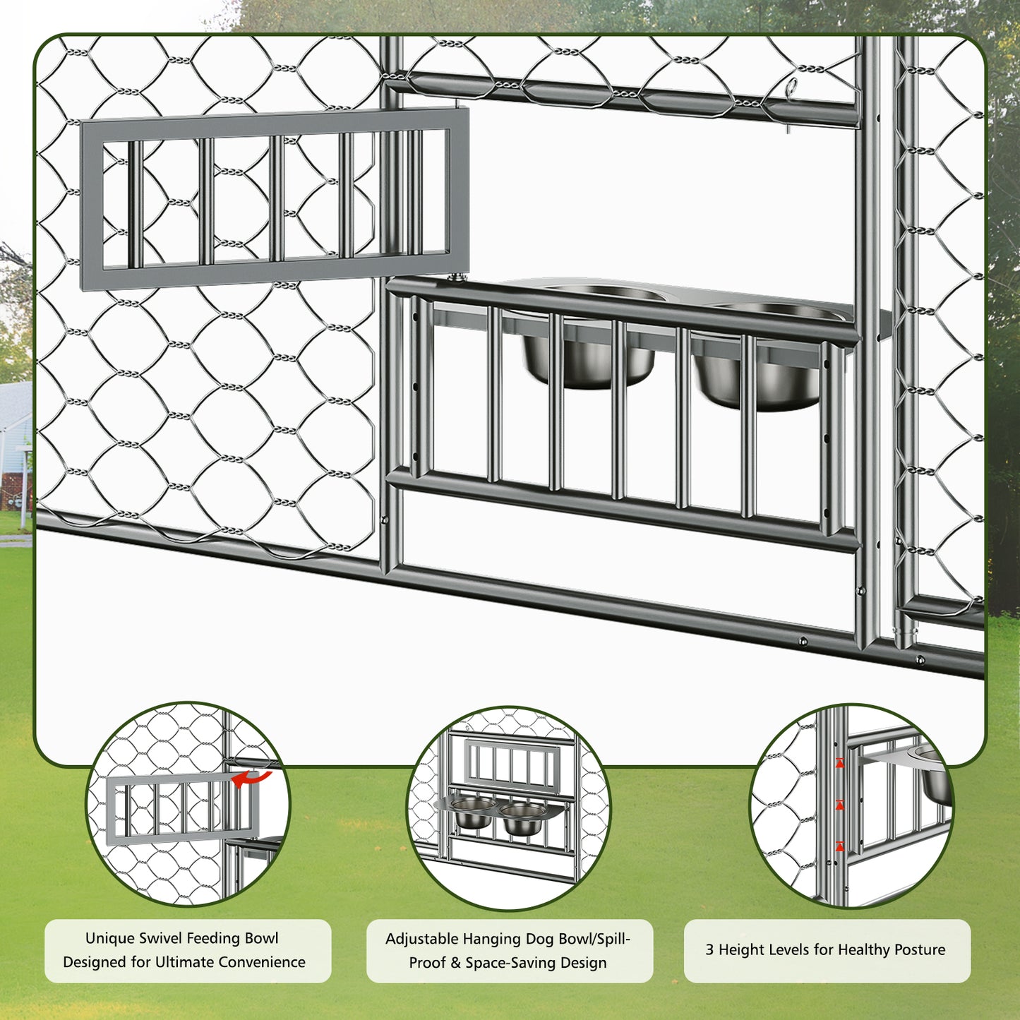 20x10 FT Large Outdoor Dog Kennel with Canopy, Heavy Duty Galvanized Steel Frame, Waterproof Cover, Built-in Elevated Feeding Bowls, Escape-Proof Lockable Pet Playpen for Large Dogs & Multiple Animal image 6