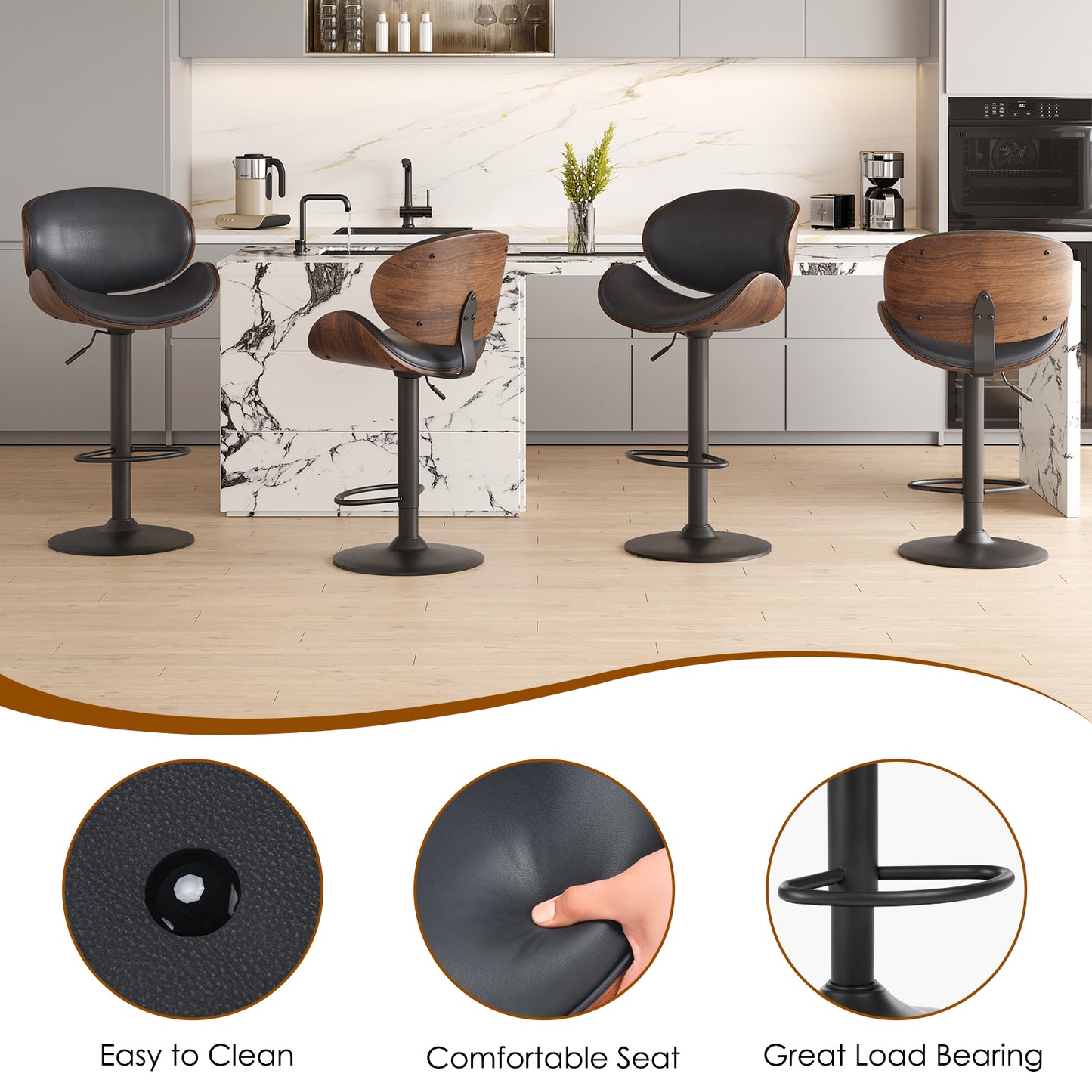 Swivel Bar Stools Set of 2 Adjustable Height Bentwood Barstools with PU Leather Upholstered Seat, Backrest and Footrest,Modern Kitchen Counter Chairs for Bar, Dining Room image 4