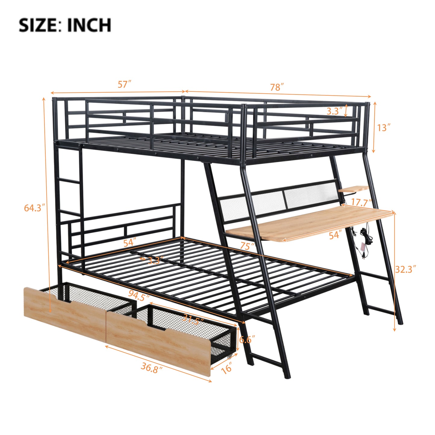 Full Size Metal Bunk Bed with Built-in Desk, Light and 2 Drawers, Black image 10