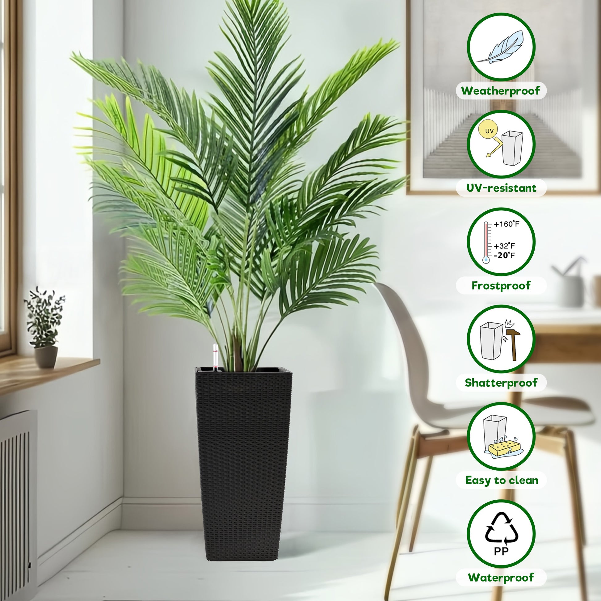 Pack of 2 Square Planter for Garden 22-Inch High Faux Rattan Design Flower Pot with Automatic Watering System for Porch, Patio, Backyard, Makes Keeping Flowers Easier image 8