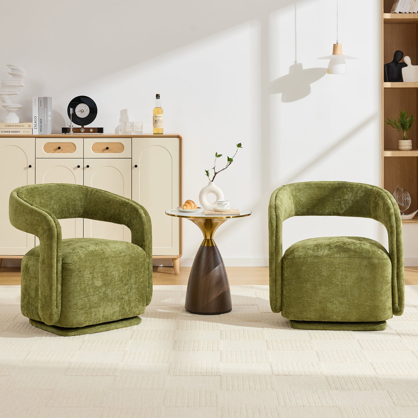 065-Chenille Fabric Swivel Accent Armchair, Comfy Barrel Leisure Chair With Curved Backrest, Upholstered Reading Chair With Black Swivel Base, 22-inch large seat depth and width, Green image 9