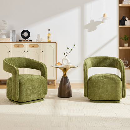 065-Chenille Fabric Swivel Accent Armchair, Comfy Barrel Leisure Chair With Curved Backrest, Upholstered Reading Chair With Black Swivel Base, 22-inch large seat depth and width, Green image 9