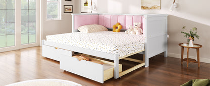 Twin XL to King Size Daybed with Two Storage Drawers and Upholstered Backrest, White+Pink image 9