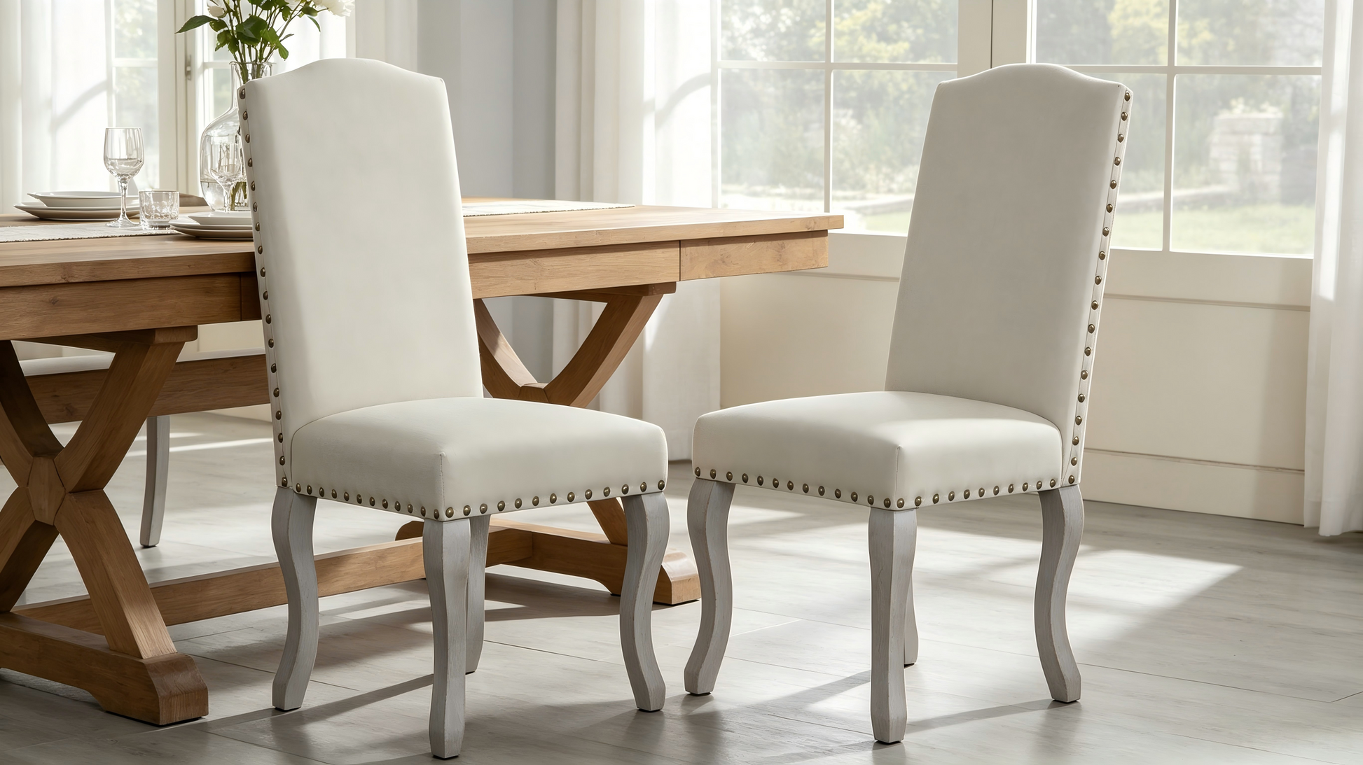 Set of 2 Light Beige Linen Upholstered Dining Chairs, Nailhead Trim Accent Side Chairs with Solid Wood Legs, Easy Assembly for Dining Room Kitchen Bar image 4