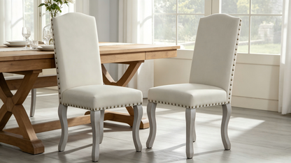 Set of 2 Light Beige Linen Upholstered Dining Chairs, Nailhead Trim Accent Side Chairs with Solid Wood Legs, Easy Assembly for Dining Room Kitchen Bar image 4