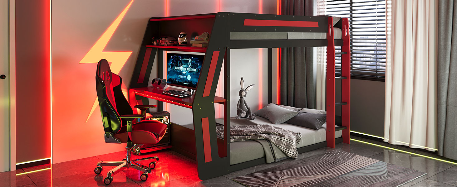 Full-Size Gaming Bunk Bed with Side-Mounted Oversized RGB Desk, USB Charging Ports & Cable Grommet, LED Light Strip, Heavy-Duty Esports Loft Frame – Cool Design-Red image 5
