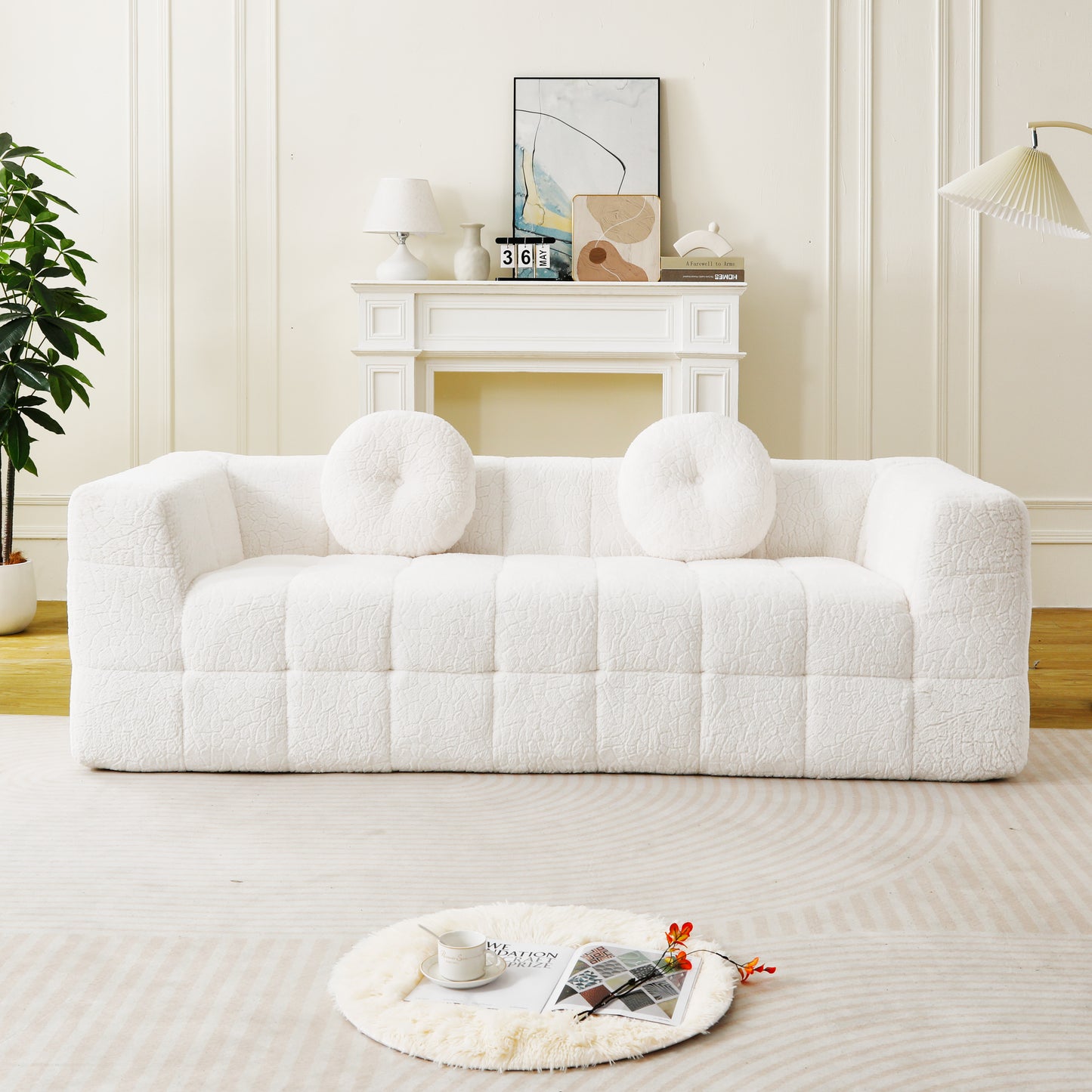 84.6-inch Modern Boneless Couch with Two Circular throw pillows,Skin-friendly lychee-textured long-pile polyester fabric,Checkered Fabric Design Three-Seater Foam Sofa image 2