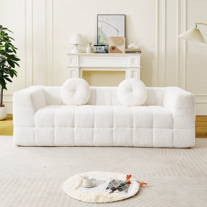 84.6-inch Modern Boneless Couch with Two Circular throw pillows,Skin-friendly lychee-textured long-pile polyester fabric,Checkered Fabric Design Three-Seater Foam Sofa image 2