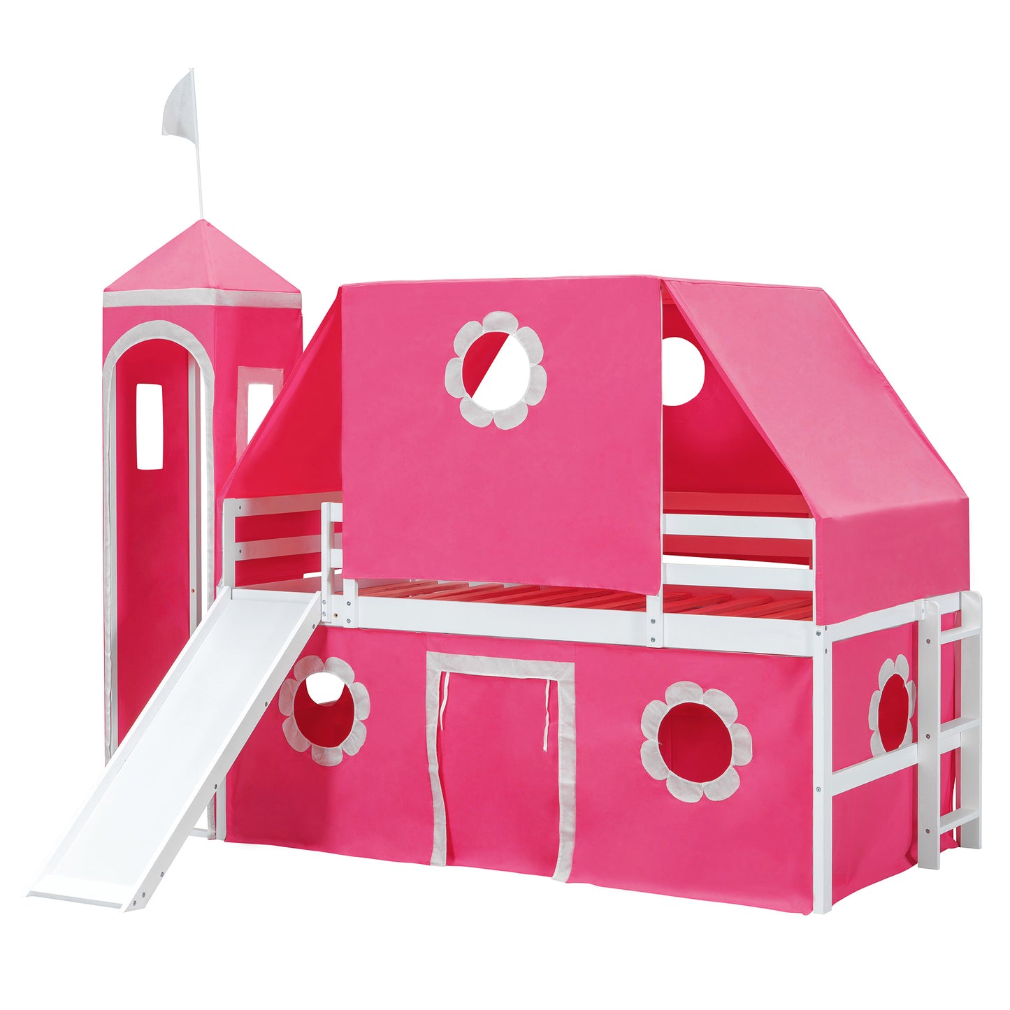 Twin Size Loft Bed with Slide Pink Tent and Tower - Pink(OLD SKU:N708P249511H) image 5