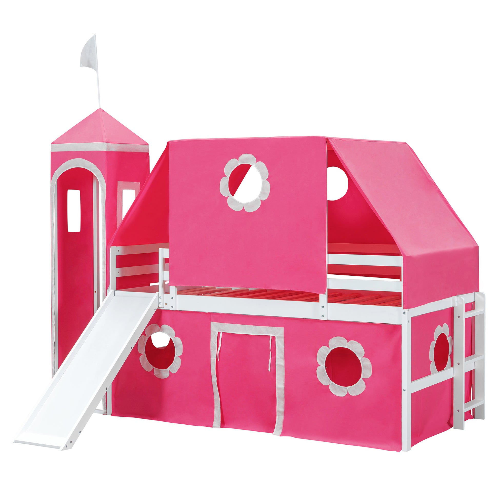 Twin Size Loft Bed with Slide Pink Tent and Tower - Pink(OLD SKU:N708P249511H) image 5