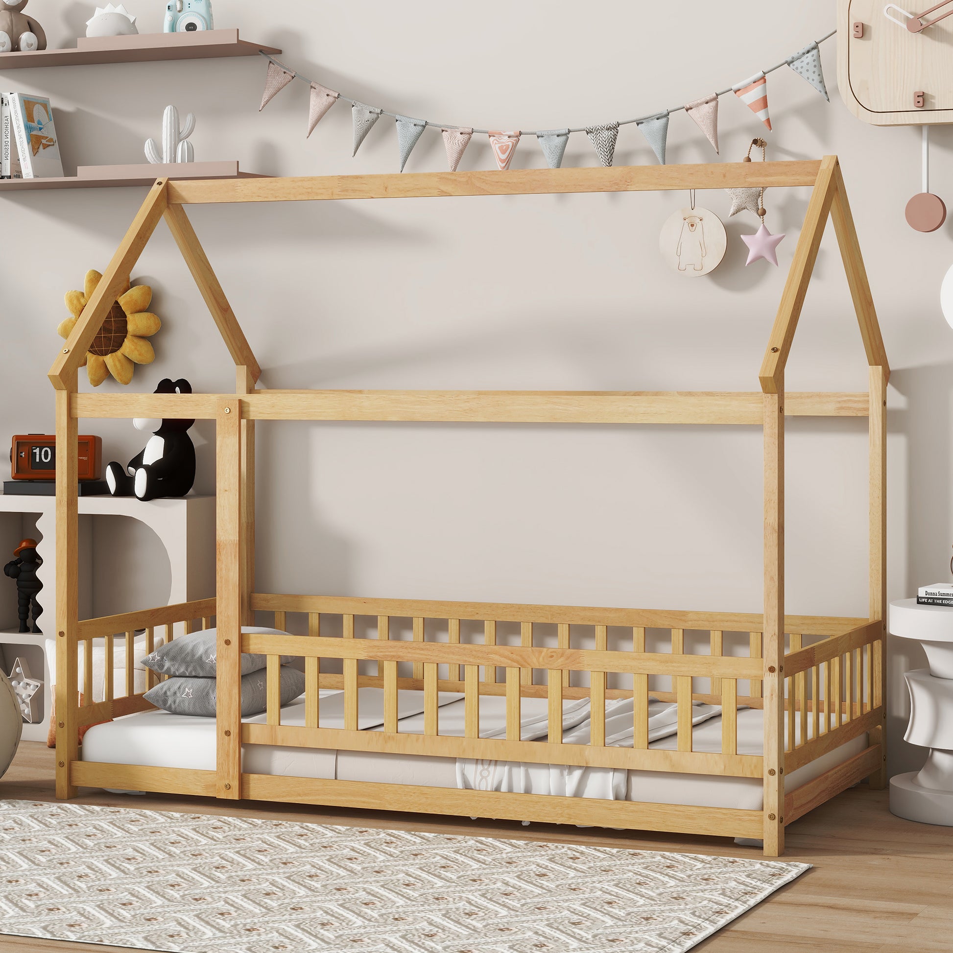 Twin Size House Floor Wooden Bed with Roof Frame,Safety Guardrails,Natural (Old Sku W504P286404) image 2