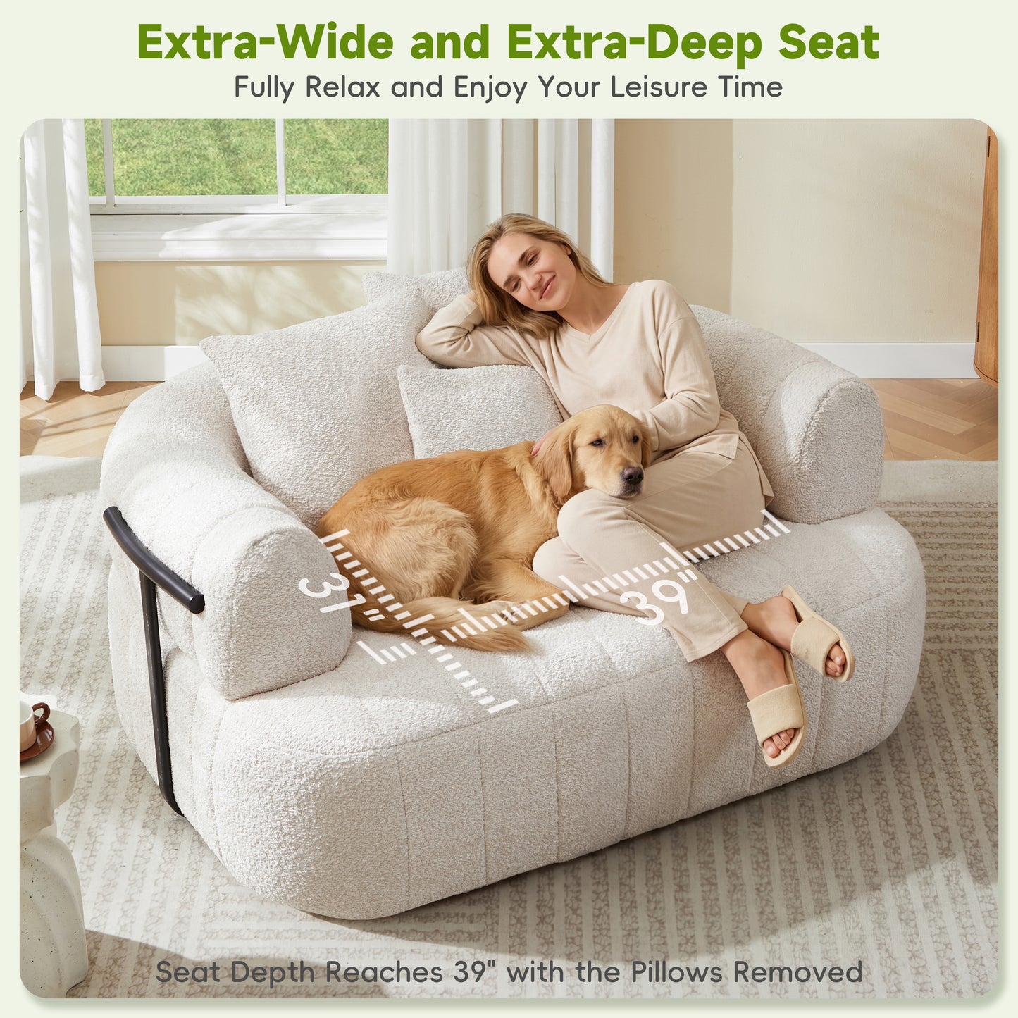 64" Oversized Boneless Chair Chaise Lounge Indoor with Metal Support, Upholstered Boucle Deep Seat Single Cloud Sofa Chair, Cozy Comfy Sofa Bed for Living Room & Bedroom image 9