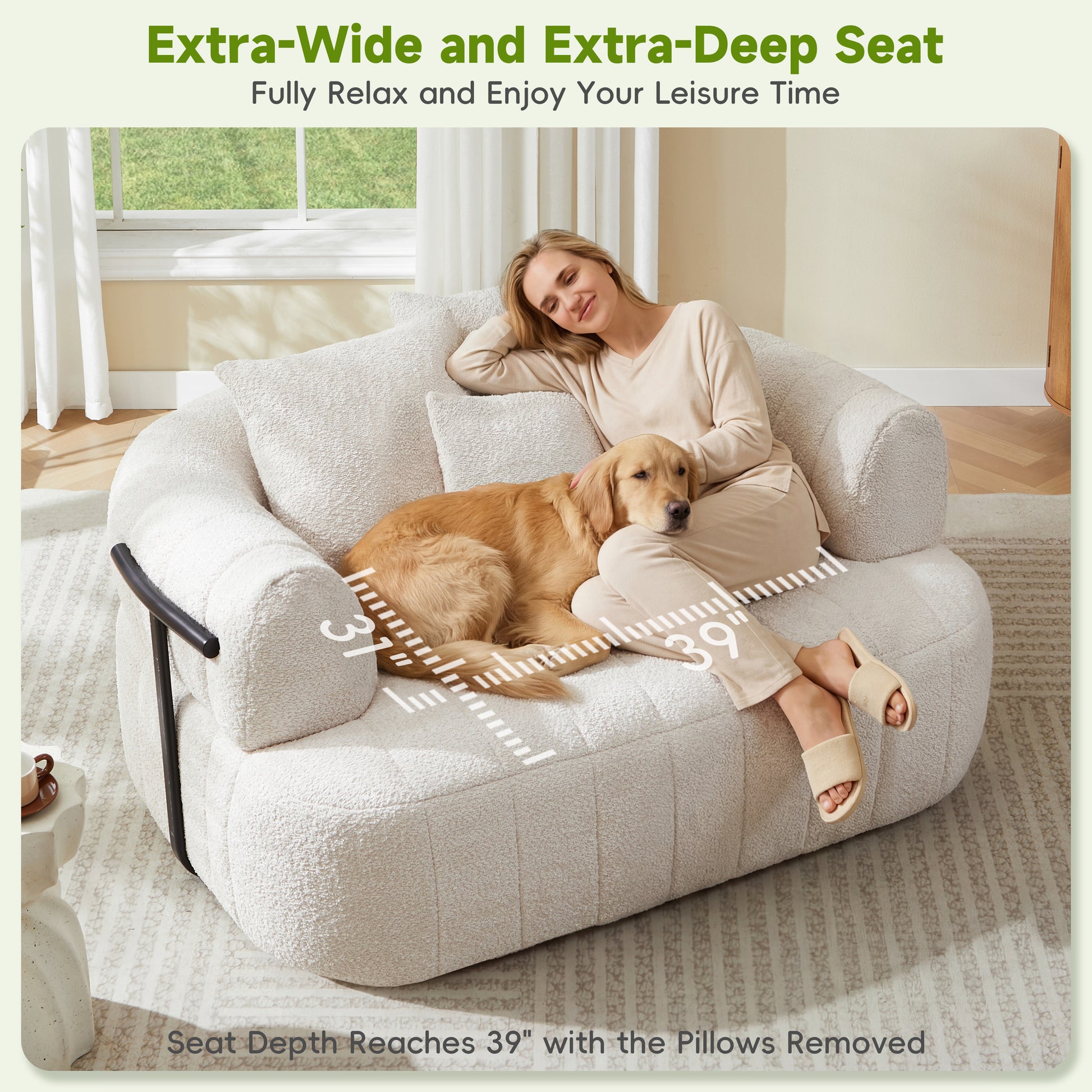 64" Oversized Boneless Chair Chaise Lounge Indoor with Metal Support, Upholstered Boucle Deep Seat Single Cloud Sofa Chair, Cozy Comfy Sofa Bed for Living Room & Bedroom image 9