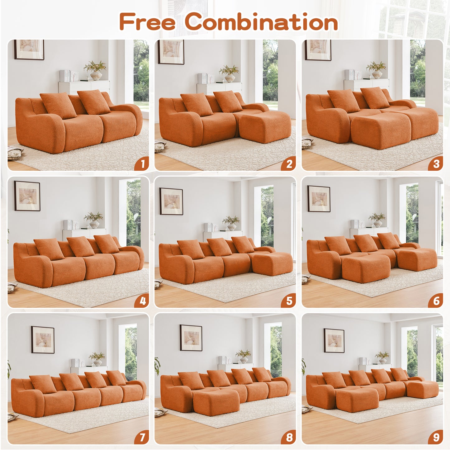 L-Shaped 4-Seat Boneless Sofa,Teddy Fabric No Assembly Required Curved Armrest,Anti-slip Design, Assembly Chaise,32D High Density Sponge Full Compression Vacuum Packag,For Studies living Rooms,Orange image 12