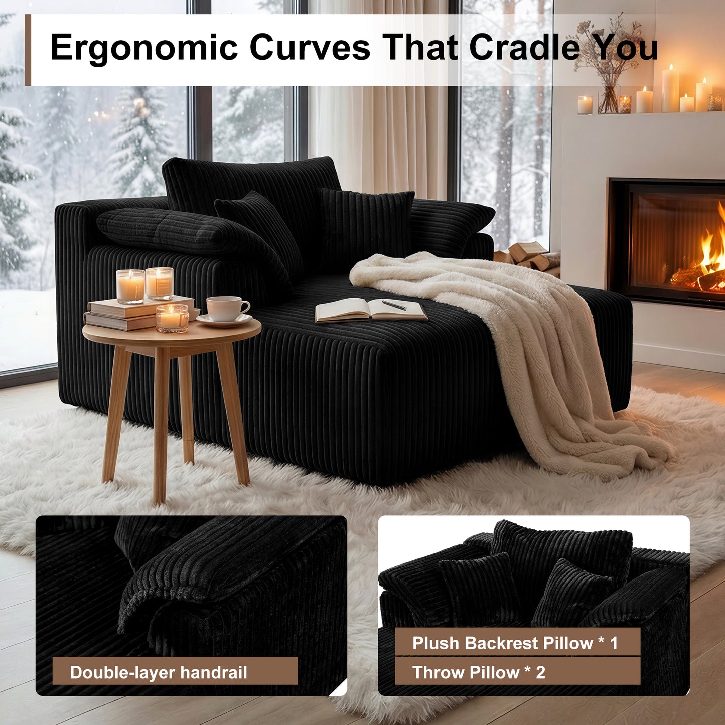 60 Inch Chaise Lounge Chair Indoor, Oversized Corduroy Upholstered Boneless Sofa Bed, Deep Seat Sleeper Couch Reading Chairs, Cloud Sofas Couches for Living Room, No Assembly Required (BLACK image 7