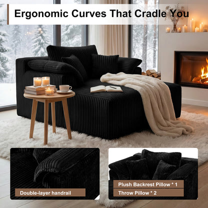 60 Inch Chaise Lounge Chair Indoor, Oversized Corduroy Upholstered Boneless Sofa Bed, Deep Seat Sleeper Couch Reading Chairs, Cloud Sofas Couches for Living Room, No Assembly Required (BLACK image 7