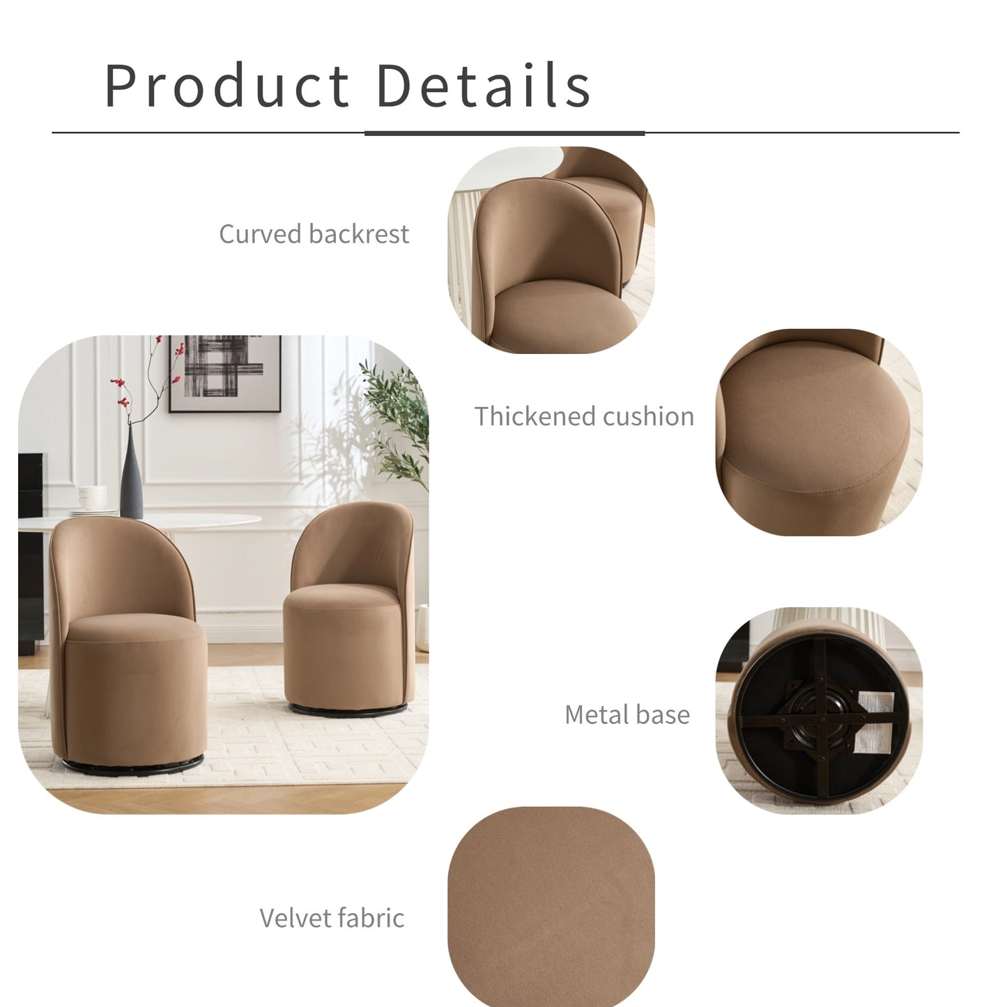 Set Of 1 Upholstered Kitchen & Dining Room Barrel Chair, Mid Century Modern Round Velvet Dining Chair, 360 Degree Swivel Comfy Armless Accent Makeup Vanity Side Chair for Bedroom Living Room image 6