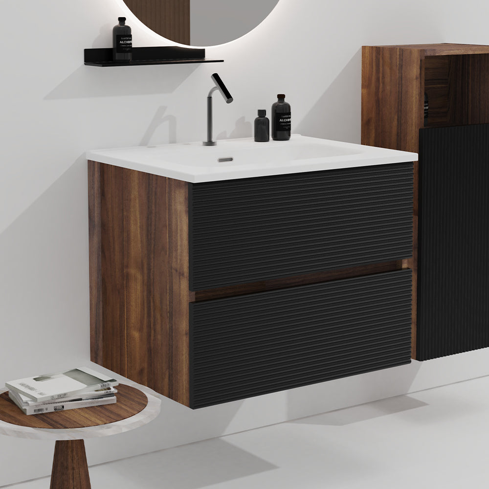 Gloria 24" Wall Mounted Soft Black & Walnut Bathroom Vanity with Integrated Ceramic Sink with Overflow, Large Storage Floating Bathroom Vanity for Modern Bathroom, KD image 1