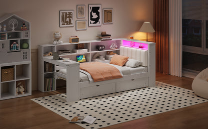 Wood Twin Size Platform Bed with Storage Shelves, Drawers, Charging Station, LED, Desk and Upholstered Headboard, White+Beige Cushion image 6