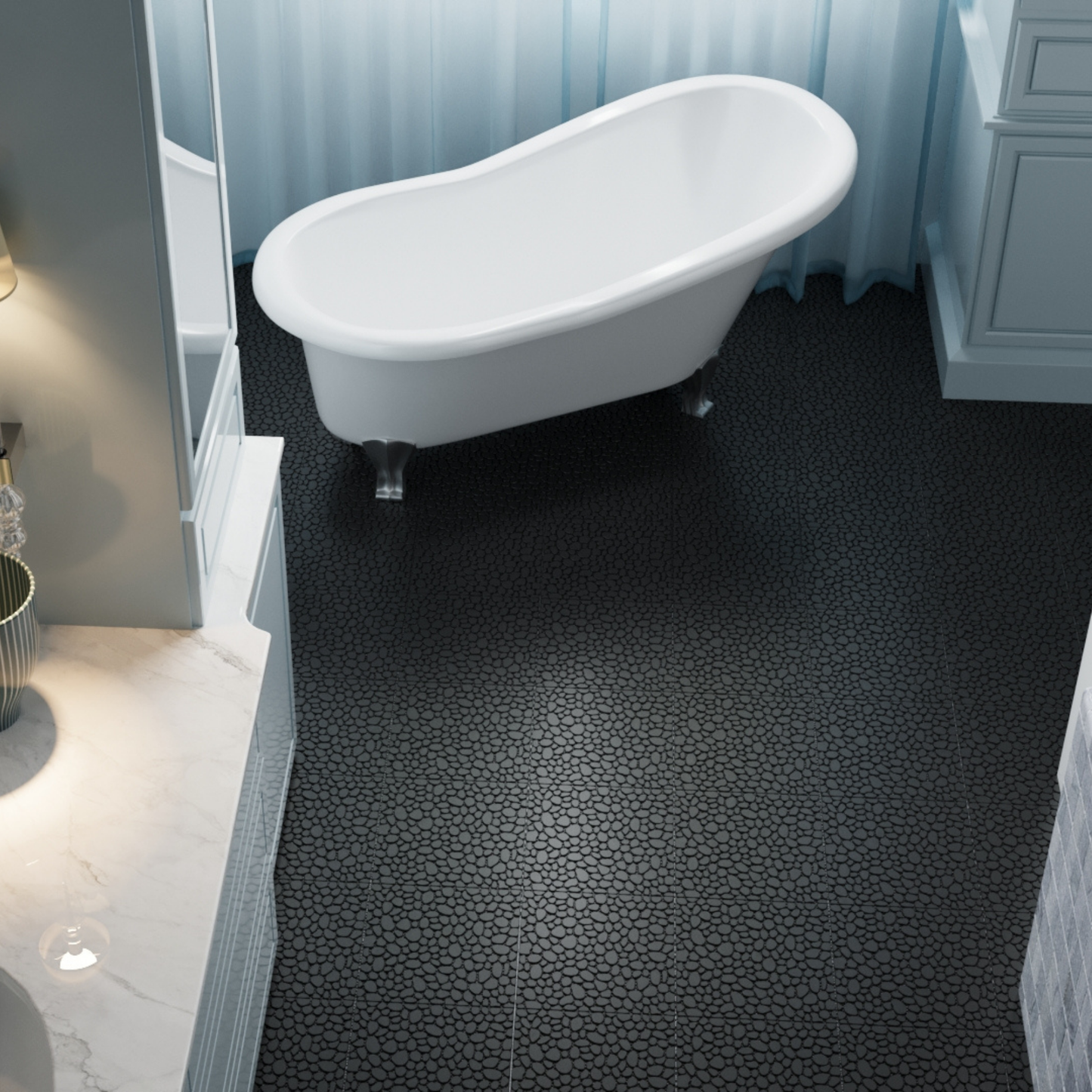 12 x 12 Inch Black Interlocking Deck Tiles Plastic Waterproof Outdoor All Weather Anti-slip Bathroom Shower Balcony Porch Strong Weight Capacity Upto 440 LBS, Pebble Stone Pattern Pack of 60 image 11