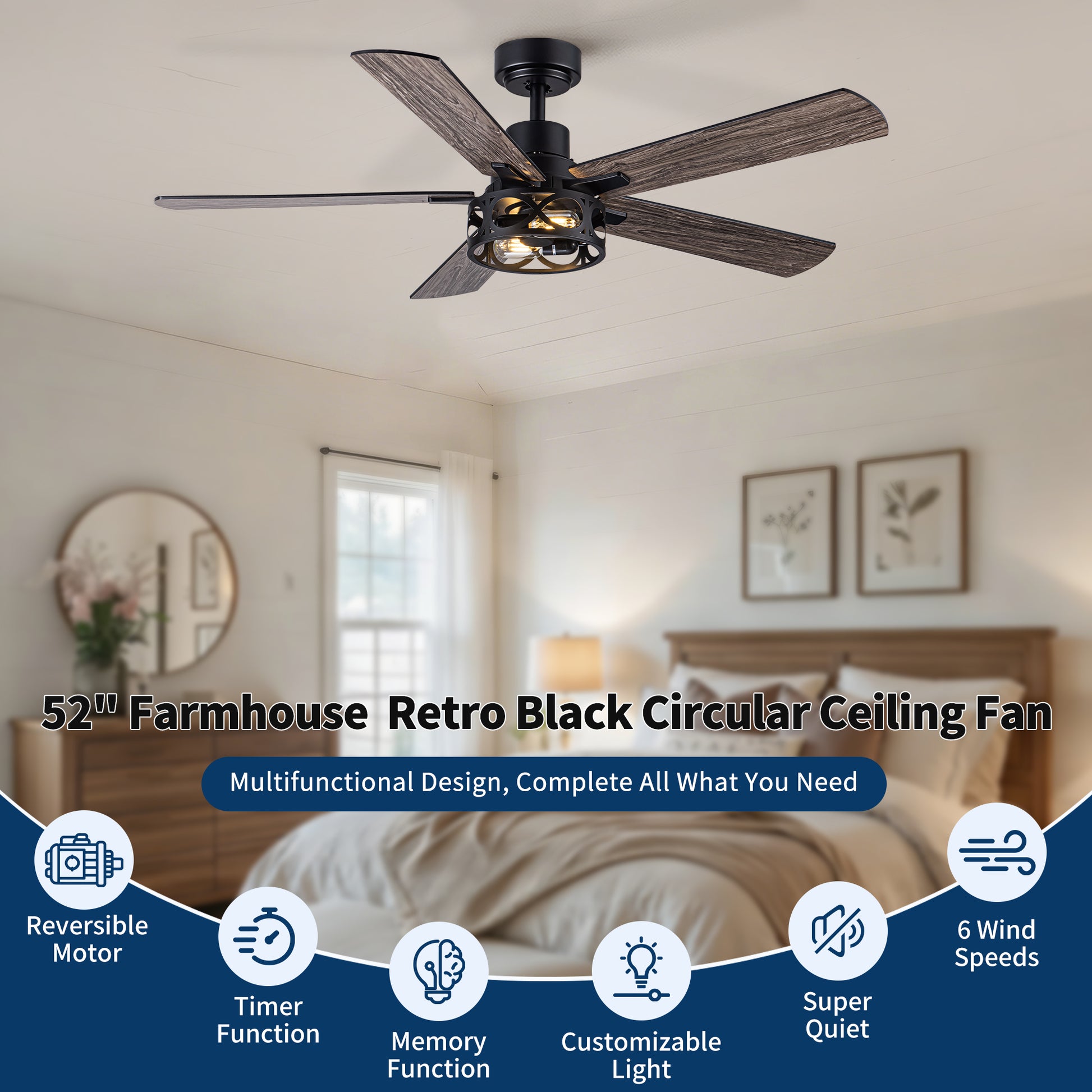 52" Modern Farmhouse Industrial Ceiling Fan with Light, Dual‑Sided Matte Black & Wood Grain Blades, Reversible DC Motor, 6‑Speed Timer Remote, Metal Cage, E12 Compatible, Bulbs Not Included image 12