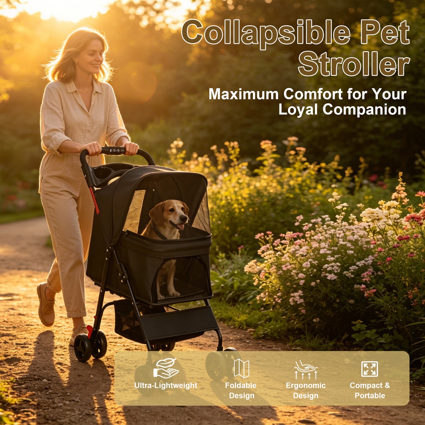 Foldable Pet Stroller for Small Dogs and Cats Under 28 lbs with Multi-Functional Tray, 2 Safety Leashes, Storage Basket & Breathable Mesh, 4 Wheels Pet Stroller, Black image 9