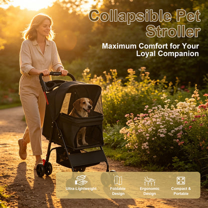 Foldable Pet Stroller for Small Dogs and Cats Under 28 lbs with Multi-Functional Tray, 2 Safety Leashes, Storage Basket & Breathable Mesh, 4 Wheels Pet Stroller, Black image 9