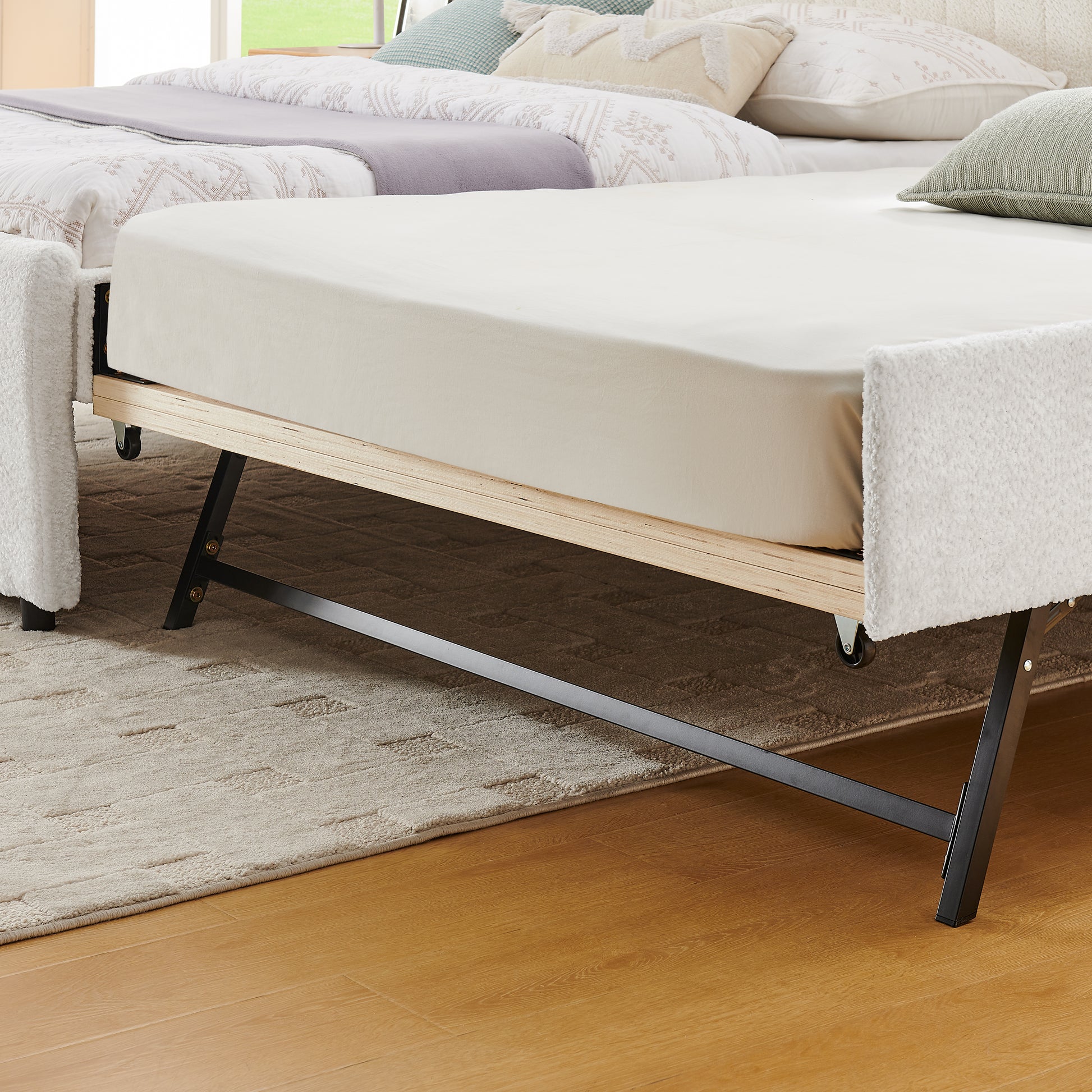 Full Size Vertical Striped Space Saving Upholstered Pull-out Bed with High Padded Back, Hidden Trundle Guest Bed Single to Double for Bedroom & Guest Room, Chenille image 9